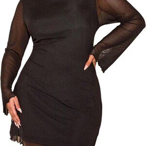 Plus Size Mesh Dress Long Sleeve Bodycon Mini Dress for Women